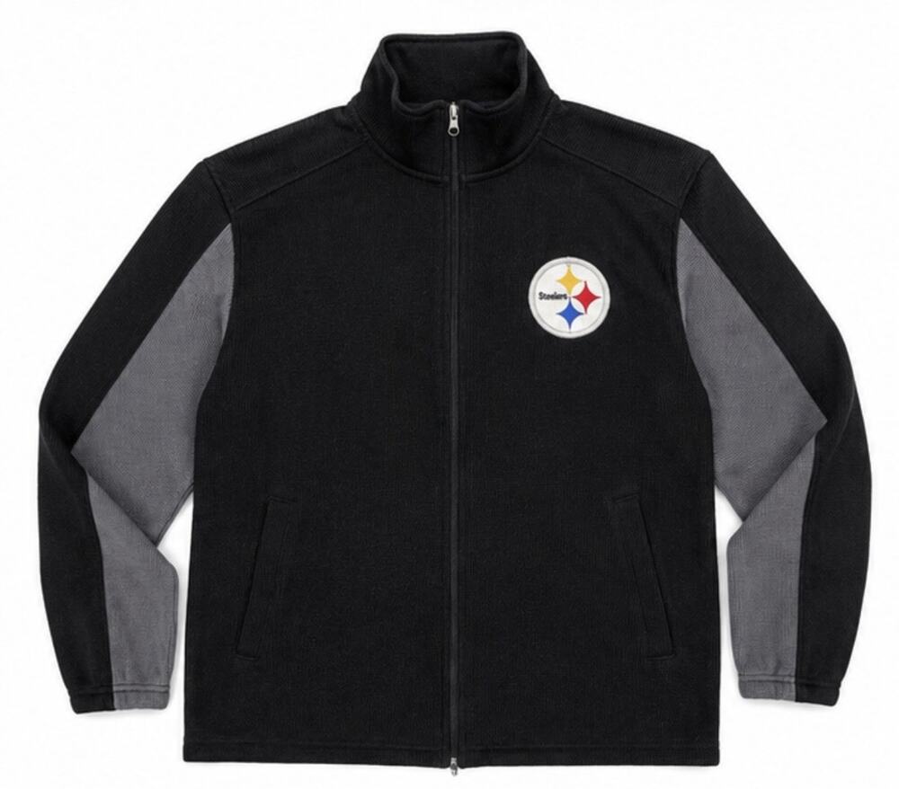 NFL Pittsburgh Steelers Full Zip Jacket Black Gray Men’s XL Waffle Knit Fleece